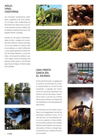 Agua,
vino,
castañas

Las marcadas características geoló-
gicas, orográficas y de clima (oceáni-
co con algún matiz mediterráneo) de
Verín-Viana han dado forma a una se-
rie de productos de gran calidad, que
ennoblecen la gastronomía local y han
logrado difusión y prestigio.


Sucede con las aguas mineromedici-
nales de Verín, surgidas de la activi-
dad de la falla de A Creba da Corga,
al vino que desde los romanos nace
de las laderas y el valle de Monterrei
y cuya calidad garantiza la Denomina-
ción de Origen Monterrei, y a las cas-
tañas, de excepcional calidad y que,
como regalo, forman los bosques más
extensos estas tierras y una itinerario
algo más que mágico, la Ruta Europea
de la Castaña.

                                          Una fiesta
                                          única en
                                          el mundo

                                          El Carnaval (O Entroido, en gallego) de
                                          la comarca de Verín-Viana es la fies-
                                          ta imprescindible. Es uno de los más
                                          ancestrales y originales del mundo,
                                          como han reconocido estudiosos muy
                                          diversos. Son los más largos -comien-
                                          zan en enero- y, por ello, es un tiempo
                                          idóneo para conectar con el espíritu de
                                          las hospitalarias y animosas gentes de
                                          estas tierras.


                                          Los escenarios son las calles y las al-
                                          deas y sus protagonistas una serie de
                                          personajes autóctonos únicos. Es el
                                          caso de Laza, con los peliqueiros; Ve-
                                          rín, con los cigarróns, y Viana do Bolo,
                                          con los folións y boteiros. Son notables
                                          también los de Cualedro, con los zarra-
                                          manculleiros, Oímbra y el fuego mági-
                                          co de los fachucos, y Vilariño de Conso

4                                         con sus folións.
 
