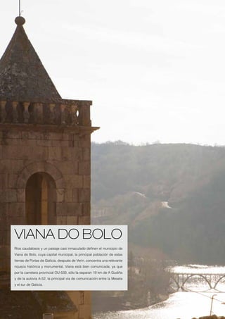 VIANA DO BOLO
     Ríos caudalosos y un paisaje casi inmaculado definen el municipio de
     Viana do Bolo, cuya capital municipal, la principal población de estas
     tierras de Portas de Galicia, después de Verín, concentra una relevante
     riqueza histórica y monumental. Viana está bien comunicada, ya que
     por la carretera provincial OU-533, sólo la separan 19 km de A Gudiña
     y de la autovía A-52, la principal vía de comunicación entre la Meseta
     y el sur de Galicia.




44
 