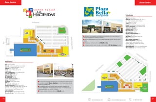 20 21
Ficha Técnica
Tipo: Centro Comunitario
Dirección: Av. Huehuetoca s/n Esq. Doctor Jiménez
Cantú, Col. Ex-Hacienda San Miguel, C.P. 54715
Teléfonos: (01) 55 1676-2361
Estado: Estado de México, Municipio de
Cuautitlán Izcalli
Inicio de Operaciones: 14 de octubre de 2006
Segmento de Mercado: C, D+
Superficie Total: 40,969 m2
M2 Construcción: 18,439
M2 Comerciales: 16,138
Cajones de Estacionamiento: 545
Anclas: Bodega Aurrera
Sub anclas: Famsa, Pockets, Elektra
Pads: Vips
No. de Locales Comerciales: 75
Retailers Importantes: Banorte, Banco Azteca,
Scotiabank, Zapatería Tropic, Telas Parisina, Casa del Libro,
Martí Outlet, Kasa2, Little Caesars, The Beer Box,
Empeños Mexicanos, Sports Club, Music Club,
Devlyn, Opticas Arista.
Afluencia Mensual: 338 mil visitantes promedio
Afluencia Vehicular: 135 mil vehículos promedio
Ficha Técnica
Tipo: Centro Comunitario
Dirección: Vialidad Mexiquense #2, Mz. 126, Lt 1,
Col. Héroes Tecámac, 6a. sección, Tecámac
Edo. de México. C.P. 55765
Teléfono: (55)13135749
Estado: Estado de México, Municipio de Tecámac
Inicio de Operaciones: 15 de septiembre 2006
Segmento de Mercado: D+
Superficie Total: 55,255 m2
M2 Construcción: 22,194
M2 Comerciales: 18,608
Cajones de Estacionamiento: 783
Anclas: Bodega Aurrera
Sub anclas: Famsa, Coppel, Elektra, Cash
Pads: Salvaje Tentación
No. de Locales Comerciales: 86
Retailers Importantes: La Michoacana,
Solufácil, Comex, Pakar, Locura, Monte de La
República, Modatelas, Zapaterías Tropic, Prichos,
Vianney, RAC, Movistar.
Afluencia Mensual: 345,831 mil visitantes promedio
Afluencia Vehicular: 116 mil vehículos promedio
Zona Centro Zona Centro
www.planigrupo.com comercial@planigrupo.com 01 800 024 3244
Se ubica sobre la avenida Huehuetoca que es considerada la vialidad principal
que conecta la autopista México-Querétaro con los principales desarrollos de
vivienda de Cuautitlán Izcalli.
Se localiza en una de las zonas de mayor crecimiento rodeado de los
conjuntos habitacionales de interés social. Con más de 115 mil hogares y un
mercado potencial de más de 400 mil clientes.
El ingreso anual por familia se estima en $165,000 al año.
Ubicada en una importante zona habitacional considerada como nueva ciudad con
múltiples necesidades de productos y servicios.
Su zona de influencia es de 632,000 clientes potenciales, es decir más de 166 mil
hogares.
El ingreso anual de nuestro mercado es de alrededor de 27 mil millones de pesos.
El ingreso por familia se estima en $165,000 al año.
 