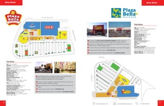 12 13
Ficha Técnica
Tipo: Centro Comunitario
Dirección: Av. Gaspar Cataño y Rhodesia del Norte,
C.P. 66640, Municipio de Apodaca
Teléfonos: (81) 82 43 35 51
Estado: Nuevo León, Apodaca
Inicio de Operaciones: Agosto 2009
Segmento de Mercado: C, D+
Superficie Total: 55,558 m2
M2 Construcción: 18,094
M2 Comerciales: 17,716
Cajones de Estacionamiento: 780
Anclas: Mi Tienda del Ahorro
Sub anclas: 2
Pads: 3
No. Locales Comerciales: 72
Retailers Importantes: Muebles Villareal Préstamo
Plus, La Cúpula, Perfumes Fraiche, Telcel, Todo a 5,
Don Pollo, Famsa, Rent a Center, Helados Sultana
Afluencia Mensual: 180 mil visitantes promedio
Afluencia Vehicular: 68 mil vehículos promedio
Zona Norte Zona Norte
www.planigrupo.com comercial@planigrupo.com 01 800 024 3244
Ficha Técnica
Tipo: Centro Comunitario
Dirección: Av. Sendero Norte # 1001 Esq. República
Mexicana Col. Cerradas de Anáhuac, C.P. 66417
Teléfono: (81) 83 02 30 18
Estado: Nuevo León, Municipio de Escobedo
Inicio de Operaciones: 23 de marzo de 2003
Segmento de Mercado: C+, C
Superficie Total: 73,134 m2
M2 Construcción: 28,947
M2 Comerciales: 25,547
Cajones de Estacionamiento: 1,239
Anclas: HEB, Cinemex.
Sub anclas: Peter Piper Pizza, Coppel, Las Alitas,
Gimnasio Super Fitness Damas, Interlingua
Pads: McDonald’s, Dairy Queen,
Grease Monkey, Banorte y Parisina
Superficie de Entretenimiento: 4316 m2
Complejo Cinematográfico: Cinemex
No. Locales Comerciales: 83
Retailers Importantes: HSBC, Santander, Banco Inbursa,
Iusacell,Devlyn,GNC, Sally Beauty, La Tostada
Afluencia Mensual: 529 mil visitantes
Afluencia Vehicular: 180 mil vehículos promedio
Zona de Juegos Gratuita
Una plaza de gran éxito, con la presencia de HEB, Coppel, Peter Piper Pizza,
gimnasio, restaurantes, tiendas de telefonía, bancos, entre otros.
La plaza se encuentra actualmente al 97% de su ocupación.
Se ubica en una de las avenidas con mayor tráfico vehicular que comunica a los
Municipios de Escobedo, San Nicolás y Apodaca.
Su zona de influencia es de 576,000 clientes potenciales, es decir más de 145
mil hogares.
El ingreso anual por familia se estima en $183,000 al año.
El ingreso anual de nuestro mercado es de alrededor de 26 millones de pesos.
Se localiza en la zona de mayor crecimiento de Apodaca, Huinalá. Cuenta con la
presencia de Mi Tienda del Ahorro, RAC, Famsa, amplia zona de comidas, entre otros.
Ubicado en la Av. Gaspar Cataño una de las vialidades más importantes de la zona donde
convergen más de 10 rutas de transporte público.
Su zona de influencia es de 385,000 clientes potenciales, es decir más de 98 mil hogares.
El ingreso anual por familia se estima en $167,000 al año.
El ingreso anual de nuestro mercado es de alrededor de 16 millones de pesos.
 