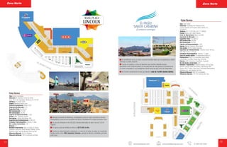 14 15
Ficha Técnica
Tipo: Centro Comunitario
Dirección: Av. Abraham Lincoln No. 8000.
Fracc. Barrio de Chapultepec, Monterrey, N.L 64100
Teléfono: (81) 8306-3300
Estado: Monterrey, Nuevo León.
Inicio de Operaciones: Febrero 2007
Segmento de Mercado: C, D+
Superficie Total: 54,780 m2
M2 Construcción: 73,193
M2 Comerciales: 32,324
Cajones de Estacionamiento: 1,226
Anclas: HEB, Suburbia, Cinemex
Sub anclas: Famsa, Vida Fitness, RAC
Superficie de Entretenimiento: 3,083 m2
Complejo Cinematográfico: Cinemex, 9 salas
No. Locales Comerciales: 159
Kioscos: 16
Retailers Importantes: Gala, La Cúpula, El Girasol,
Santander, Bancomer, Telcel, Movistar, Estafeta, Comex,
Banamex, Axtel, Caja San Nicolás, Centro de Gas.
Afluencia Mensual: 362 mil visitantes
Afluencia Vehicular: 145 mil vehículos promedio
Ficha Técnica
Tipo: Town Center
Dirección: Industriales del Poniente #1050,
Colonia Industrias del Poniente, Santa Catarina, N.L
C.P. 66370
Teléfono: (81) 13 651454, (81) 11 338835,
Estado: Nuevo León, Santa Catarina
Inicio de Operaciones: Marzo del 2006.
Segmento de Mercado: C, D+
Superficie Total: 112,568 m2
M2 Construcción: 39,808
M2 Comerciales: 34,336
Cajones de Estacionamiento: 1439
Anclas: Walmart, Cinemex, Office Depot.
Sub anclas: Del Sol, Impuls, Suburbia.
Superficie de Entretenimiento: Cinemex (4,937.40 m2),
Peter Piper Pizza (1,100 m2)
Complejo Cinematográfico: Cinemex, 11 salas
Zona de comida rápida: 14 restaurantes (Edificio C)
Restaurantes: Chili’s, Los Generales, Super Salads,
Oriental Wok, Las Alitas, Burger King, Doña Tota
Bancos: HSBC, Bancomer, Scotia Bank, Santander
No. de locales comerciales: 204
Retailers Importantes: Préstamo Express, CAC de Telcel,
Movistar, Iusacell, Nextel, Aeroméxico, Sally Beauty, GNC,
Harmon Hall, T.T Blues, Santa Clara, Universidad Metropolitana,
Pastelería Lety, Julio Cepeda, Bon Bon.
Afluencia Mensual: 398,376 mil visitantes
Afluencia vehicular: 132,792 vehículos por mes.
Es considerado como un centro comercial temático dado que su arquitectura y diseño
asemeja un pueblo pequeño.
Cuenta con jardínes y zonas de descanso que nuestros visitantes pueden
aprovechar como zonas de paseo, es una plaza llena de vida gracias a la presencia de
un centro universitario y sus prestigiosas marcas tanto de ropa como de restaurantes.
Es el centro comercial de la zona que atiende a más de 18,000 clientes diarios.
Zona Norte Zona Norte
www.planigrupo.com comercial@planigrupo.com 01 800 024 3244
Ubicada al poniente de Monterrey, considerada la zona de mayor crecimiento del área
metropolitana y cerca de los municipios de García y Escobedo en el Estado de Nuevo León.
Su zona de influencia es de 505,650 clientes potenciales, es decir más de 126 mil
hogares.
El ingreso anual por familia se estima en $270,000 al año.
Cuenta con estacionamiento subterráneo y a nivel, es sin duda una plaza con excelentes
tiendas anclas como: HEB, Suburbia, Cinemex, además de bancos, mueblerías, gimnasio
entre otras..
 