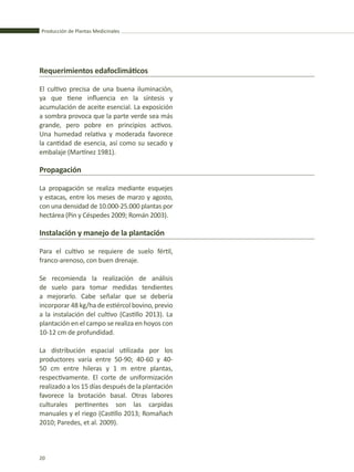 Producción de Plantas Medicinales
20
Requerimientos edafoclimáticos
El cultivo precisa de una buena iluminación,
ya que tiene influencia en la síntesis y
acumulación de aceite esencial. La exposición
a sombra provoca que la parte verde sea más
grande, pero pobre en principios activos.
Una humedad relativa y moderada favorece
la cantidad de esencia, así como su secado y
embalaje (Martínez 1981).
Propagación
La propagación se realiza mediante esquejes
y estacas, entre los meses de marzo y agosto,
con una densidad de 10.000-25.000 plantas por
hectárea (Pin y Céspedes 2009; Román 2003).
Instalación y manejo de la plantación
Para el cultivo se requiere de suelo fértil,
franco-arenoso, con buen drenaje.
Se recomienda la realización de análisis
de suelo para tomar medidas tendientes
a mejorarlo. Cabe señalar que se debería
incorporar 48 kg/ha de estiércol bovino, previo
a la instalación del cultivo (Castillo 2013). La
plantación en el campo se realiza en hoyos con
10-12 cm de profundidad.
La distribución espacial utilizada por los
productores varía entre 50-90; 40-60 y 40-
50 cm entre hileras y 1 m entre plantas,
respectivamente. El corte de uniformización
realizado a los 15 días después de la plantación
favorece la brotación basal. Otras labores
culturales pertinentes son las carpidas
manuales y el riego (Castillo 2013; Romañach
2010; Paredes, et al. 2009).
 