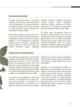 Cultivo de menta’i (Mentha X Piperita L.)
29
Uso industrial del aceite
El aceite esencial de menta es un líquido
incoloro, con olor fuerte y sabor picante, que
se halla localizado en los tricomas presentes
en la superficie superior e interior de las hojas;
los tallos contienen menor proporción de
aceite (Lorenzi y Matos 2008).
El principal componente de la esencia es el
mentol, que se halla en 45-60% en parte al
estado libre y en parte combinado con esteres;
también se ha identificado los siguientes
principios activos: mentona, neo-mentona,
cineol, acetato de metil, neo-mentol, iso-
mentol, limoneno, pineno, viridifloral,
Requerimientos edafoclimáticos
Esta planta que se desarrolla en zonas de clima
templado, con elevada luminosidad, prefiere
temperaturas entre 20 a 25°C o superiores.
Siendo, las temperaturas entre 18 a 24°C
favorables para el crecimiento y desarrollo,
pudiendo soportar variaciones entre 5 y 40°C
y también heladas moderadas (Muñoz 2002).
Con niveles de precipitación que van de 1.300
a 2.000 mm por año (Ribeiro y Diniz, 2008).
En cuanto a la luminosidad, los días largos
favorecen el desarrollo foliar mientras los
días cortos estimulan el crecimiento de
estolones deteniendo el crecimiento de la
planta. Se destaca que la menta es una planta
pulegona, terpenos (cariofileno, bisabolol),
cetonas, taninos, ácidos clorogénico,
cumarínico, caféico, rosmarínico y ferúlico,
vitaminas C y D, minerales y carotenoides
(Collura y Storti 1971; Ribeiro y Diniz 2008).
Se utiliza como aromatizante tanto en
productos medicamentosos como en los de
parafarmacia, higiene, entre otros. La industria
agroalimentaria es el principal consumidor:
licorería (licores, sodas, jarabes para diluir),
confitería (caramelos, goma de mascar,
chocolates). También se emplea en la industria
de tabacos y perfumería (Bruneton 2001).
heliófita, por lo cual la mayor acumulación y
concentración de aceite esencial está ligado
al momento de mayor irradiación (Curioni y
Arizio 2006).
Respecto a los requerimientos edáficos, se
destaca que todas las especies de menta son
exigentes. Por ello, los suelos medianamente
sueltos, areno-arcillosos, francos, humíferos,
bien drenados y con fertilidad media-alta
y con buen contenido de materia orgánica,
son los recomendados. La reacción del suelo
debe oscilar entre pH=6 a pH=7,5, es decir,
de ligeramente ácido a ligeramente alcalino
(Collura y Storti 1971).
 
