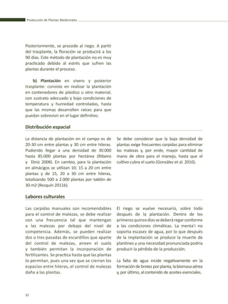 Producción de Plantas Medicinales
32
Posteriormente, se procede al riego. A partir
del trasplante, la floración se producirá a los
90 días. Este método de plantación no es muy
practicado debido al estrés que sufren las
plantas durante el proceso.
b) Plantación en vivero y posterior
trasplante: consiste en realizar la plantación
en contenedores de plástico u otro material,
con sustrato adecuado y bajo condiciones de
temperatura y humedad controladas, hasta
que las mismas desarrollen raíces para que
puedan sobrevivir en el lugar definitivo.
Distribución espacial
La distancia de plantación en el campo es de
20-30 cm entre plantas y 30 cm entre hileras.
Pudiendo llegar a una densidad de 30.000
hasta 85.000 plantas por hectárea (Ribeiro
y Diniz 2008). En cambio, para la plantación
en almácigos se utilizan 10; 15 a 20 cm entre
plantas y de 15, 20 a 30 cm entre hileras,
totalizando 500 a 2.000 plantas por tablón de
30 m2 (Resquín 2011b).
Se debe considerar que la baja densidad de
plantas exige frecuentes carpidas para eliminar
las malezas y, por ende, mayor cantidad de
mano de obra para el manejo, hasta que el
cultivo cubra el suelo (González et al. 2010).
Labores culturales
Las carpidas manuales son recomendables
para el control de malezas, se debe realizar
con una frecuencia tal que mantengan
a las malezas por debajo del nivel de
competencia. Además, se pueden realizar
dos o tres pasadas de escardillos que aparte
del control de malezas, aireen el suelo
y también permitan la incorporación de
fertilizantes. Se practica hasta que las plantas
lo permitan, pues una vez que se cierran los
espacios entre hileras, el control de malezas
daña a las plantas.
El riego se vuelve necesario, sobre todo
después de la plantación. Dentro de los
primerosquincedíassedeberáregarconforme
a las condiciones climáticas. La menta’i no
soporta escasez de agua, por lo que después
de la implantación se produce la muerte de
plantines y una necesidad pronunciada podría
producir la pérdida de la producción.
La falta de agua incide negativamente en la
formacióndebrotesporplanta,labiomasaaérea
y, por último, al contenido de aceites esenciales.
 