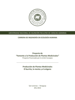 El burrito, la menta y el orégano
5
Proyecto de
“Fomento a la Producción de Plantas Medicinales”
Proyecto Financiado por la Unión Europea
Producción de Plantas Medicinales
El burrito, la menta y el orégano
San Lorenzo – Paraguay
Año 2013
UNIVERSIDAD NACIONAL DE ASUNCIÓN FACULTAD DE CIENCIAS AGRARIAS
CARRERA DE INGENIERÍA EN ECOLOGÍA HUMANA
 