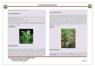 PLANTAS MEDICINALES
quemaduras. Ideal para tratar el pie de atleta
USO MEDICINAL
Para problemas gastrointestinales se prepara en forma de té del cual pueden ingerirse
diariamente de dos a cuatro tazas
Con la iinfusión de dos cucharaditas de las flores secas en un vaso de agua hacer
gargarismos para desinfectar la boca y garganta.
En cuanto a su uso externo no se deben colocar sustancias grasosas como ungüento o
aceite de caléndula (ni de ningún otro tipo) sobre heridas supurantes. En estos casos se
puede aplicar té de caléndula.
AJENJO
PROPIEDADES
Es aperitivo, estomacal, carminativo, colagogo y antiinflamatorio. ; gota y reumatismo.
Estreñimiento, falta de menstruación y también estados de debilidad. Posee virtudes
medicinales en casos de enfermedades hepáticas y biliares, hipoacidez estomacal,
espasmos, flatulencias, falta de apetito, gota y reumatismo. Actúa sobre el útero
(matriz) provocando la menstruación y normalizando los ciclos. Otros usos comunes son
para tratar la tos y gripa, también tiene propiedades diaforéticas y antihelmínticas.
USO MEDICINAL
Se toman 1-2 tazas diarias, antes de las comidas para trastornos digestivos. Para los
trastornos de la menstruación, se toman 2 tazas diarias, durante la semana anterior a la
fecha en que se espera la regla. Otra forma de utilizarla es macerándola: se ponen unos
100 g de flores secas en un litro de aceite de oliva y se deja reposar durante un mes.
Una cucharadita de este aceite en ayunas, y otra antes del almuerzo sirve para las
afecciones de la vesícula biliar. Es un eficaz insecticida. Pueden rociarse con ella los
animales domésticos y las plantas. Como loción aplicada sobre la piel, ahuyenta a los
mosquitos. Y colocando ajenjo seco en saquitos de tela entre la ropa, evita
efectivamente la polilla.
RUDA
PROPIEDADES
La ruda es una planta con gran contenido de vitamina C y por esta razón se considera
antiescorbútica. Su uso más frecuente es para favorecer la llegada de la regla, en los
casos de supresión o retraso de la menstruación, también si el sangrado es escaso.
INSTITUCIÓN EDUCATIVA TECNOAGROPECUARIA
“HERNANDO BORRERO CUADROS”
Grado decimo, 2009-2.010 Página 12
 