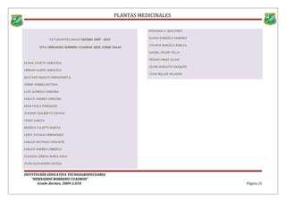 PLANTAS MEDICINALES
ESTUDIANTES GRADO DECIMO 2009 -2010
IETA HERNANDO BORRERO CUADROS SEDE JORGE ISAAC
DIANA JANETH ARBOLEDA
HERNAN DARIO ARBOLEDA
GUSTAVO ADOLFO HERNANDEZ B.
JORGE ANDRES BOTINA
LUIS ALFREDO CORDOBA
CARLOS ANDRES CORDOBA
GINA PAOLA ENRIQUEZ
JHONNY EDILBERTO ESPANA
CINDY GARCIA
MONICA JULIETH GARCIA
LEIDY JHOANA HERNANDEZ
CARLOS ANTONIO HINCAPIE
CARLOS ANDRES LIBREROS
CLAUDIA LORENA MARULANDA
JHON ALEXANDER ORTEGA
ROSSANA A. QUILINDO
DIANA GABRIELA RAMIREZ
JOHANA MARCELA ROBLES
DANIEL FELIPE TELLO
YEISON ARLEY ULCUE
CESAR AUGUSTO VASQUEZ
JOHN MILLER VELASCO
INSTITUCIÓN EDUCATIVA TECNOAGROPECUARIA
“HERNANDO BORRERO CUADROS”
Grado decimo, 2009-2.010 Página 15
 