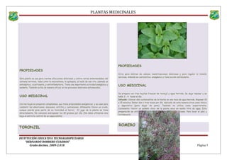 PLANTAS MEDICINALES
PROPIEDADES
Esta planta se usa para ciertas afecciones dolorosas y contra varias enfermedades del
sistema nervioso, tales como la neurastenia, la epilepsia, el baile de san vito, además es
antiséptico, cicatrizante, y antiinflamatorio. Tiene una importante actividad analgésica y
sedante. También actúa de manera eficaz en los procesos dolorosos estomacales,
USO MEDICINAL
Con las hojas se preparan cataplasmas, que tiene propiedades analgésicas y se usan para
combatir las almorranas, abscesos, artritis y contusiones. Altamente tóxica en crudo,
aunque pierde gran parte de su toxicidad al hervir, El jugo de la planta se toma
directamente. No conviene sobrepasar los 30 gramos por día. (No debe utilizarse sino
bajo el estricto control de un especialista)
TORONJIL
PROPIEDADES
Sirve para dolores de cabeza, menstruaciones dolorosas y para regular la tensión
nerviosa. Además es carminativo, analgésico y tiene acción estimulante.
USO MEDICINAL
Se prepara con tres hojitas frescas de toronjil y agua hervida. Se deja reposar y se
bebe 3 - 4 tazas al día.
Infusión: Colocar dos cucharaditas de la hierba en una taza de agua hervida. Reposar 10
a 15 minutos. Beber dos o tres tazas por día. Aplicado de esta manera sirve como tónico
y depurativo (para bajar de peso). También se utiliza como expectorante.
Cocimiento: Hervir un puñado chico de la planta seca en medio litro de agua. Esta
preparación se utiliza para lavar heridas y lesiones eccematosas. Para lavar el pelo y
fortalecerlo.
ROMERO
INSTITUCIÓN EDUCATIVA TECNOAGROPECUARIA
“HERNANDO BORRERO CUADROS”
Grado decimo, 2009-2.010 Página 7
 