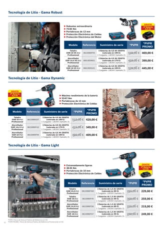 12
Tecnología de Litio - Gama Robust
Tecnología de Litio - Gama Dynamic
Tecnología de Litio - Gama Light
Modelo Referencia Suministro de serie *PVPR
*PVPR
PROMO
Taladro
GSB 18 VE-2-LI
Professional
0615990FR3
3 Baterías de 4,0 Ah GRATIS
(valorada en 199 €).
1 Cargador. L-BOXX (tamaño 2).
549,00 € 469,00 €
Atornillador
GSR 14,4 VE-2-LI
Professional
06019D9001
3 Baterías de 4,0 Ah GRATIS
(valorada en 179 €).
1 Cargador. L-BOXX (tamaño 2).
459,00 € 399,00 €
Atornillador
GSR 18 VE-2-LI
Professional
06019D9101
3 Baterías de 4,0 Ah GRATIS
(valorada en 199 €).
1 Cargador. L-BOXX (tamaño 2).
529,00 € 445,00 €
Modelo Referencia Suministro de serie *PVPR
*PVPR
PROMO
Taladro
GSB 18 V-LI
Professional
0615990G0T
3 Baterías de 4,0 Ah GRATIS
(valorada en 199 €).
1 Cargador. L-BOXX (tamaño 2).
510,00 € 429,00 €
Atornillador
GSR 14,4 V-LI
Professional
0615990FG2
3 Baterías de 4,0 Ah GRATIS
(valorada en 179 €).
1 Cargador. L-BOXX (tamaño 2).
415,00 € 349,00 €
Atornillador
GSR 18 V-LI
Professional
0615990FR4
3 Baterías de 4,0 Ah GRATIS
(valorada en 199 €).
1 Cargador. L-BOXX (tamaño 2).
485,00 € 409,00 €
u Robustez extraordinaria
u 75-85 Nm
u Portabrocas de 13 mm
u Protección Electrónica de Celdas
u Protección Electrónica del Motor
u Máximo rendimiento de la batería
u 53-67 Nm
u Portabrocas de 13 mm
u Protección Electrónica de Celdas
u Extremadamente ligeras
u 38-45 Nm
u Portabrocas de 10 mm
u Protección Electrónica de Celdas
*PVPR: Precio de Venta al Público de Referencia sin IVA.
*PVPR PROMO: Precio de Venta al Público de Referencia Promocional sin IVA.
Modelo Referencia Suministro de serie *PVPR
*PVPR
PROMO
Taladro
GSB 14,4-2-LI
Professional
0615990FW0
3 Baterías de 1,5 Ah GRATIS
(valorada en 89 €).
1 Cargador. L-BOXX (tamaño 2).
265,00 € 229,00 €
Taladro
GSB 18-2-LI
Professional
0615990FV9
3 Baterías de 1,5 Ah GRATIS
(valorada en 99 €).
1 Cargador. L-BOXX (tamaño 2).
309,00 € 259,00 €
Atornillador
GSR 14,4-2-LI
Professional
0615990FD6
3 Baterías de 1,5 Ah GRATIS
(valorada en 89 €).
1 Cargador. L-BOXX (tamaño 2).
255,00 € 219,00 €
Atornillador
GSR 18-2-LI
Professional
0615990FD7
3 Baterías de 1,5 Ah GRATIS
(valorada en 99 €).
1 Cargador. L-BOXX (tamaño 2).
299,00 € 249,00 €
GRATIS
3ª Batería
4,0 Ah
GRATIS
3ª Batería
4,0 Ah
GRATIS
3ª Batería
1,5 Ah
 