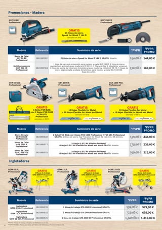 GRATIS
1 Bolsa FSN BAG
con 2 Guías FSN 1600
+ FSN VEL
Professional
valoradas en 310 €
20
Promociones - Madera
*PVPR: Precio de Venta al Público de Referencia sin IVA.
*PVPR PROMO: Precio de Venta al Público de Referencia Promocional sin IVA.
Ingletadoras
Modelo Referencia Suministro de serie *PVPR
*PVPR
PROMO
Ingletadora
GCM 8 SJL Professional 0615990FV8 1 Mesa de trabajo GTA 2600 Professional GRATIS. 599,00 € 529,00 €
Ingletadora
GTM 12 JL Professional 0615990EU2 1 Mesa de trabajo GTA 2600 Professional GRATIS. 779,00 € 659,00 €
Ingletadora
GCM 12 GDL Professional 0615990FZ6 1 Mesa de trabajo GTA 2500 W Professional GRATIS. 1.409,00 € 1.219,00 €
GCM 8 SJL
Professional GRATIS
1 Mesa de trabajo
GTA 2600 Professional
valorada en 249 €
GTM 12 JL
Professional GRATIS
1 Mesa de trabajo
GTA 2600 Professional
valorada en 249 €
GCM 12 GDL
Professional GRATIS
Mesa de trabajo
GTA 2500 W Professional
valorada en 389 €
Modelo Referencia Suministro de serie *PVPR
*PVPR
PROMO
Sierra Circular
GKT 55 GCE
Professional
0615990EA8
1 Bolsa FSN BAG con 2 Guías FSN 1600 Professional + FSN VEL Professional
GRATIS. 1 Disco de sierra Top Precision for Wood de 165 mm y 48 dientes.
L-BOXX (tamaño 4).
519,00 € 444,00 €
Sierra de Calar
GSA 1100 E
Professional
0615990EC2
10 Hojas S 922 BF Flexible for Metal.
10 Hojas S 922 HF Flexible for Wood and Metal GRATIS. Maletín. 279,00 € 239,00 €
Sierra de Calar
GSA 1300 PCE
Professional
0615990EC6
10 Hojas S 922 BF Flexible for Metal.
10 Hojas S 922 HF Flexible for Wood and Metal GRATIS. Maletín. 369,00 € 312,00 €
Modelo Referencia Suministro de serie *PVPR
*PVPR
PROMO
Sierra de Calar
GST 90 BE
Professional
060158F002 25 Hojas de sierra Speed for Wood T 144 D GRATIS. Maletín. 164,00 € 144,00 €
Multiherramienta
GOP 250 CE
Professional
0615990FW4
1 Hoja de sierra de inmersión para madera y metal AIZ 28 EB. 1 Hoja de sierra
segmentada acodada para madera ACZ 85 EC. 1 Placa de lija. 1 Adaptador universal.
5 Hojas de sierra de inmersión bimetálicas para madera y metal AIZ 28 EB. 5 Hojas de
sierra segmentada acodada bimetálicas para madera y metal ACZ 100 BB.
Caja de cartón.
195,00 € 169,00 €
GST 90 BE
Professional
GRATIS
25 Hojas de sierra
Speed for Wood T 144 D
valoradas en 28 €
GKT 55 GCE
Professional
GOP 250 CE
Professional
GSA 1100 E
Professional
GRATIS
10 Hojas Flexible for Metal
+ 10 Hojas Flexible for Wood and Metal
valoradas en 68 €
GRATIS
10 Hojas Flexible for Metal
+ 10 Hojas Flexible for Wood and Metal
valoradas en 68 €
GSA 1300 PCE
Professional
 