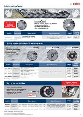 31
*PVPR: Precio de Venta al Público de Referencia sin IVA.
*PVPR PROMO: Precio de Venta al Público de Referencia Promocional sin IVA.
También disponible en 125 mm y en 180 mm.
Modelo Referencia Descripción Especificaciones *PVPR
*PVPR
PROMO
Disco abrasivo 2608603254
Lata metálica con 10 discos
Standard for Inox 115x1 mm.
Cortes limpios, finos y sin rebabas.
Gama Standard más económica.
Normativa EN 12143.
12,00 € 9,95 €
También disponible en 125x1 mm.
Discos abrasivos de corte Standard for
Discos de laminillas
• Discos para metal
	 con buen rendimiento
	 a un precio económico.	
• Gama Standard. 		
• Normativa EN 12143.	 	
Modelo Referencia Descripción Especificaciones *PVPR
*PVPR
PROMO
Disco abrasivo 2608603169
Corte recto Standard for Inox
115x1x22.23 mm.
Cortes limpios, finos y sin rebabas en Inox.
Discos de corte de metal.
1,50 € 1,25 €
Disco abrasivo 2608603171
Corte recto Standard for Inox
125x1x22.23 mm. 1,70 € 1,35 €
Disco abrasivo 2608603159
Corte cóncavo Standard for Metal
115x2.5x22.23 mm. 1,20 € 1,05 €
Disco abrasivo 2608603162
Corte cóncavo Standard for Metal
230x3x22.23 mm. 2,10 € 1,90 €
Modelo Referencia Descripción Especificaciones *PVPR
*PVPR
PROMO
Laminillas 2608605450 Disco de laminillas cónico Best for Metal 115 mm - Gr. 40. Para tratamiento de acero, inox, hierro
fundido y chapas. Corindón de circonio:
mayor potencia y resistencia. Cónico.
Soporte de fibra de vidrio.
6,20 € 3,00 €
Laminillas 2608605451 Disco de laminillas cónico Best for Metal 115 mm - Gr. 60. 6,20 € 3,00 €
Laminillas 2608605452 Disco de laminillas cónico Best for Metal 115 mm - Gr. 80. 6,20 € 3,00 €
• Grano Circonio-corindón.		
• Aglomerante de resina especial.		
• Óptima disposición y doble
	 encolado de las láminas.		
• Soporte de fibra.		 	
Más modelos y medidas disponibles.
Soluciones Inox/Metal
Excelente relación
rendimiento/precio
• Cortes limpios, finos y sin rebabas
	 en acero inoxidable.
• Gama Standard for Inox.		
• Normativa EN 12143.	 	
Práctica lata
para tener
tus discos
siempre a mano
 