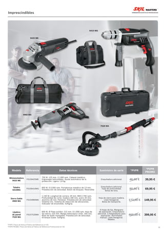35
*PVPR: Precio de Venta al Público de Referencia sin IVA.
*PVPR PROMO: Precio de Venta al Público de Referencia Promocional sin IVA.
Imprescindibles
4960 MA
Modelo Referencia Datos técnicos Suministro de serie *PVPR
*PVPR
PROMO
Miniamoladora
9425 ME
F0159425ME
750 W. 125 mm. 11.000 rpm. Cabezal metálico.
Engranajes helicoidales. Ajuste automático de la
protección. Ligera: 1,8 kg.
Empuñadura adicional. 46,00 € 39,95 €
Taladro
6410MG
F0156410MG
850 W. 0-3.000 rpm. Portabrocas metálico de 13 mm.
Preselección de velocidad. Botón de bloqueo. Reversible.
Empuñadura adicional.
Tope de profundidad.
Bolsa de lona.
80,00 € 69,95 €
Sierra Sable
4960 MA
F0154960MA
1.150 W. Longitud de carrera: 29 mm. 800-2.700 cpm.
Profundidad de corte: madera 180 mm, acero 20 mm,
aluminio 30 mm. Pendular. Preselección de velocidad.
Sistema Clic. Sistema de reducción de vibraciones.
Indicador de encendido. Softgrip.
Hoja de sierra para madera.
Llave hexagonal.
Bolsa de transporte.
172,00 € 149,95 €
Lijadora
de pared
7520 MA
F0157520MA
600 W. Ø Plato pulidor: 215 mm. 0-1.000 rpm. Hoja de
lija velcro: 225 mm. Mango telescópico (máx. 165 cm).
Base de lijado manejable. Preselección de velocidad.
Arranque suave. Softgrip.
6 Hojas de lija. Manguera
de aspiración. Empuñadura
adicional. 3 Adaptadores para
aspiración. Atornillador
manual. Llave hexagonal.
Maletín.
460,00 € 399,95 €
7520 MA
9425 ME
6410 MG
 