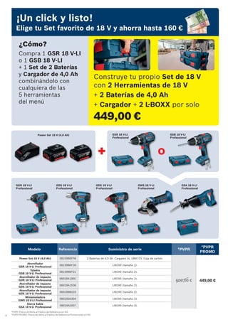 8
*PVPR: Precio de Venta al Público de Referencia sin IVA.
*PVPR PROMO: Precio de Venta al Público de Referencia Promocional sin IVA.
¿Cómo?
Compra 1 GSR 18 V-LI
o 1 GSB 18 V-LI
+ 1 Set de 2 Baterías
y Cargador de 4,0 Ah
combinándolo con
cualquiera de las
5 herramientas
del menú
Construye tu propio Set de 18 V
con 2 Herramientas de 18 V
+ 2 Baterías de 4,0 Ah
+ Cargador + 2 L-BOXX por solo
449,00 €
¡Un click y listo!
Elige tu Set favorito de 18 V y ahorra hasta 160 €
Modelo Referencia Suministro de serie *PVPR
*PVPR
PROMO
Power Set 18 V (4,0 Ah) 0615990FP8 2 Baterías de 4,0 Ah. Cargador AL 1860 CV. Caja de cartón.
609,00 € 449,00 €
Atornillador
GSR 18 V-LI Professional
0615990FD0 L-BOXX (tamaño 2).
Taladro
GSB 18 V-LI Professional
0615990FD1 L-BOXX (tamaño 2).
Atornillador de impacto
GDR 18 V-LI Professional
06019A130C L-BOXX (tamaño 2).
Atornillador de impacto
GDS 18 V-LI Professional
06019A1S06 L-BOXX (tamaño 2).
Atornillador de impacto
GDX 18 V-LI Professional
06019B8103 L-BOXX (tamaño 2).
Miniamoladora
GWS 18 V-LI Professional
060193A304 L-BOXX (tamaño 2).
Sierra Sable
GSA 18 V-LI Professional
060164J007 L-BOXX (tamaño 3).
GDR 18 V-LI
Professional
GDS 18 V-LI
Professional
GDX 18 V-LI
Professional
GSA 18 V-LI
Professional
GWS 18 V-LI
Professional
GSR 18 V-LI
Professional
GSB 18 V-LI
Professional
Power Set 18 V (4,0 Ah)
+ o
 