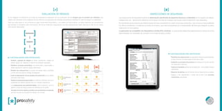 Inspecciones de seguridad
Las inspecciones de seguridad implican la observación planificada de aspectos técnicos y materiales en los equipos de trabajo,
instalaciones, etc., típicamente utilizando como apoyo una lista de chequeo que ayude a que la inspección sea exhaustiva.
Es importante que la persona que dirija la inspección sea competente en cuanto al proceso productivo, que conozca y haya analizado
los últimos accidentes o incidentes ocurridos en el área y que esté acompañada por el responsable del área para asegurar su plena
implicación en el programa.
La aplicación es compatible con dispositivos móviles IOS y Android, lo cual permite realizar las inspecciones en campo de forma
desconectada, sin necesidad de conexión con la base de datos central.
Funcionalidades más destacadas
*     Planificar las inspecciones de seguridad indicando la periodicidad,
el área, el tema y el responsable de llevarla a cabo.
* Implantar sus propios formularios de chequeo en función del tipo
de inspección a ejecutar.
*     Indicar el resultado general de la inspección, y los posibles riesgos
detectados.
* Disponer de alertas que le informen de las inspecciones a realizar.
*          Asignar y dar seguimiento a través del e-mail a las acciones
correctoras propuestas.
Evaluación de riesgos
Es de obligado cumplimiento por todas las empresas la realización de una evaluación de los riesgos que no pueden ser evitados, que
realice una valoración de la magnitud de los mismos y la propuesta de medidas preventivas a adoptar en caso de riesgos no tolerables.
Para que esta tarea no se convierta en algo meramente burocrático, y se realice de forma eficaz, se debe disponer de mecanismos
que ayuden a actualizar esta información de forma dinámica, asegurando que las evaluaciones estén siempre al día con la nueva
información disponible.
Funcionalidades más destacadas
* Analizar y agrupar los riesgos por áreas, operaciones, equipos de
trabajo, tareas, etc. utilizando el método de evaluación apropiado.
* Planificar acciones preventivas, con fecha límite y responsable, y
darles seguimiento para los riesgos detectados.
* Realizar las evaluaciones por puesto de trabajo, área o actividad
y emitir informes para la entrega al trabajador.
* Incluir la descripción de los equipos de protección que se deben
usar para cada riesgo.
*           Realizar evaluaciones generales con distintos métodos, así como
posibilidad de realizar evaluaciones con métodos específicos.
* Las evaluaciones son parametrizables. Tanto el alcance, como el
agente o el tipo de riesgo pueden ser definidos por el cliente.
*         Acceder de forma rápida y sencilla a los accidentes e incidentes
que han ocurrido en el puesto de trabajo o en su área.
BORRADOR
vigente
cancelada
 