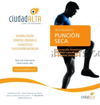 Para más información
visita nuestra web:
www.ciudadalta.com
Disminución inmediata
del dolor causado por
problemas musculares
TRATAMIENTO
PUNCIÓN
SECA
 