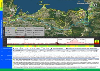 R2.1: SENDA DE SOUTOMAIOR (PAREDES-ARCADE 12,2 KM) Primer tramo de la ruta, un recorrido por la desembocadura de l Río Verdugo, cabecera de la ría de Vigo junto al Oitavén, que se le une aguas arriba en el límite de la
zona navegable del río. Destaca el paso por el conjunto histórico de Pontesampaio y su puente. La ruta va alternando tramos de subida y bajada de poca longitud pero con un poco de pendiente.
R2.2: SENDA DE CESANTES (ARCADE-CESANTES 12,5KM) Segunda parte de la ruta, que permite conectar la parte interior de la ensenada de San Simón con la parte exterior o de salida a la ría. Un tramo de dificultad algo ma-
yor, en la ida debido el paso por pequeños senderos de a pie para evitar ir por la carretera nacional y a la vuelta por asfalto pero en subida media de una cierta duración para poder pasar por el alto de O Viso, al lado de l mon-
te de A Peneda. A parte de este monte, tiene como lugares singulares de paso la playa de Cesantes, desde la que podemos contemplar la isla de San Simón.
R2.3:SENDA DE REDONDELA (CESANTES-REDONDELA14KM) Tercer tramo, el último y más sencillo, llano mayoritariamente salvo tres pequeñas subidas muy cortas al salir de la playa de Cesantes, el acceso al muelle de Cesan-
tes y de vuelta al llegar al Camino Real. Nos lleva de la playa de Cesantes al centro de Redondela, donde podemos conocer su casco histórico y principales lugares de interés. Por vías asfaltadas y sendas peatonales.
Dificultad:
Información de ruta NO Sí33,4 m -834 m 833m 221m
R2.1: Canteira das Lapas >[Asfalto] Paredes> O Souto>[Madera] A Rabaleira>[Asfalto] Pontesampaio>[Tierra] Arcade>R2.2: [Asfalto] Arcade> [Tierra] O Puntal>[Asfalto} Soutoxuste>[Tierra] Soutoxuste >Cesantes R2.3:
[Asfalto] Cesantes > [Madera] A Portela > [Losa] Redondela R2.3 (vuelta): [Losa] Redondela> [Asfalto] A Xunqueira > [Tierra] San Pedro (Camiño Real)> R2.2: [Asfalto] Tuimil> O Viso> Saramagoso> Arcade de Riba> R2.1:
[Asfalto] Arcade > Pontesampaio > Souto > Paredes >Canteira das Lapas
0 m Canteira das Lapas, Paredes/Canteira das Lapas, Paredes (Vilaboa)Tierra/Asfalto/ Madera
Recorrido
Descripción La ruta R2: Ruta de San Simón Sur, completa, junto a R1, el recorrido por la costa de la ensenada de San Simón, en este caso la cara Sur. Se inicia al fondo de la ría, donde se juntan los concellos de Vilaboa, Pontevedra, Souto-
maior y Redondela, siendo este último por donde discurre mayormente. Se trata de una ruta repartida en tres tramos que nos lleva por importantes lugares de interés natural, cultural e histórico como la desembocadura del
río Verdugo, la playa de Cesantes, isla de San Simón, puertos pesqueros de Arcade y Cesantes y el centro urbano de Redondela , todo ello alternando el paso por pequeños tramos del Camino de Santiago Portugués.
Tramos de ruta
Ida
Leyenda
Rx.y= x: ruta y: tramo
Vuelta
Final Ida
Fin/Inicio tramo
Señalización
Inicio Ruta
Cruce/variante
Punto de Interés
Descenso acumuladoDistancia
Ruta circular
Cota mínima
Cota máxima
Ascenso acumulado
Superficie
R2:RUTADESANSIMÓNSUR
R2.1-ida R2.2-ida R2.3-ida R2.3-vuelta R2.2-vuelta R2.1-vuelta
MEDIO/FACIL
Tienes más información sobre las rutas, las bicis, los lugares de interés y fotos del entorno en nuestra web www. bicicleando.es ¡Visítanos!
Medio
Perfil:
Difícil
Muy difícil
Fácil
N
 