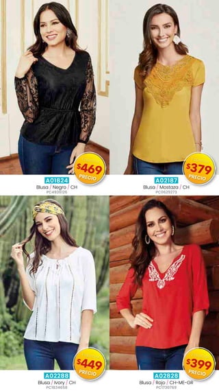 A01824
Blusa / Negro / CH
PC4936126
A02187
Blusa / Mostaza / CH
PC0629273
A02288
Blusa / Ivory / CH
PC1834658
A02828
Blusa / Rojo / CH-ME-GR
PC1730769
$469
Especial
PRECIO
$379
Especial
PRECIO
$449
Especial
PRECIO
$399
Especial
PRECIO
 