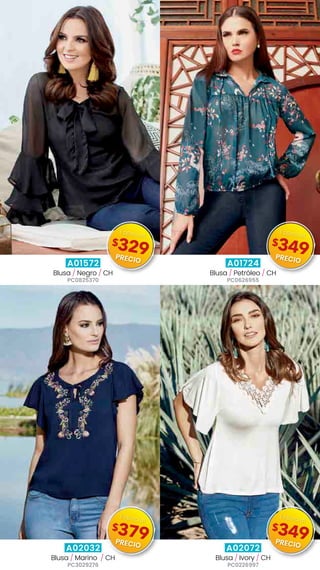 A01572
Blusa / Negro / CH
PC0825370
A01724
Blusa / Petróleo / CH
PC0626955
A02032
Blusa / Marino  / CH
PC3029276
A02072
Blusa / Ivory / CH
PC0226997
$329
Especial
PRECIO
$349
Especial
PRECIO
$379
Especial
PRECIO
$349
Especial
PRECIO
 
