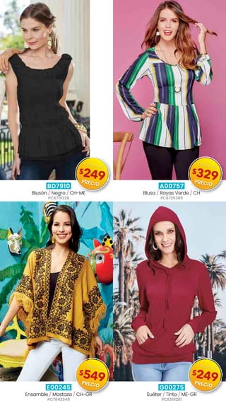 BD7910
Blusón / Negro / CH-ME
PC6719228
E00245
Ensamble / Mostaza / CH-GR
PC7642349
G00275
Suéter / Tinto / ME-GR
PC6319281
A00757
Blusa / Rayas Verde / CH
PC6725389
$249
Especial
PRECIO
$549
Especial
PRECIO
$249
Especial
PRECIO
$329
Especial
PRECIO
 