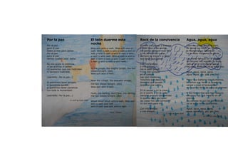 Por la paz                                    El león duerme esta                          Rock de la convivencia                       Agua, agua, agua
                                              noche
Por la paz                                                                                 Cuando me pongo a trabajar                   Caen las gotas desde el cielo,
para la paz                                   Wee-ooh wim-o-weh. Wee-ooh wim-o-            y trato bien a los demás,                    se llenan los ríos y las fuentes,
todos juntos para cantar.                     weh. Wim-o-weh o-wim-o-weh o-wim-o-          me siento siempre muy feliz                  la recogemos y bebemos,
Por la paz                                    weh o-wim-o-weh o-wim-o-weh o-wim-           y me divierto sin parar,                     no la debe malgastar la gente.
para la paz                                   o-weh o-wim-weh. Wim-o-weh o-wim-o-          siempre es mejor ir a jugar
damos vueltas para bailar.                    weh o-wim-o-weh o-wim-o-weh o-wim-           que tener que pelear.                        Las flores florecen en el campo,
                                              o-weh o-wim-o-weh o-wim-weh.                                                              los árboles nos regalan su fruto,
No nos gusta la violencia,                                                                 Con mis amigos                               sale el arco iris cuando llueve,
ni las guerras ni pelear,                                                                  y mis amigas                                 del agua debemos hacer buen uso.
no queremos que nos maltraten                 In the jungle, the mighty jungle, the lion   me lo paso genial.
ni tampoco maltratar.                         sleeps tonight. (bis)                        Y con mis compas                             Agua, agua, agua, agua,
                                              Wee-ooh wim-o-weh…                           en el colegio                                agua, agua, glu, glu, glu (bis)
(estribillo: Por la paz...)                                                                hay que colaborar.
                                              Near the village, the peaceful village,      Tenemos que escuchar,                        Mejor que bañarse nos duchamos,
Sí queremos tener amigos,                                                                  tenemos que ayudar,                          tenemos que llenar la lavadora,
                                              the lion sleeps tonight. (bis)
sí queremos ayudar,                                                                        tenemos que cantar.                          cargar a tope el lavavajillas,
sí queremos tener paciencia                   Wee-ooh wim-o-weh…                                                                        así muchos litros de agua se ahorran.
con toda la humanidad.                                                                     En el recreo y en la clase,
                                              Hush, my darling, don't fear, my darling,    en el pasillo y en la calle,                 A los ríos no hay que tirar basura,
(estribillo: Por la paz...)                   the lion sleeps tonight. (bis)               siempre procuro comprender                   tampoco hay que mearse en la
                                                                                           lo que no debo de hacer,                     piscina,
                       © CEIP de Cella 2009                                                las cosas hay que compartir                  los váteres no son los vertederos,
                                              Whuh whuh whuh wim-o-weh. Wee-ooh
                                              wim-o-weh wee-ooh                            no son solo para mí.                         así el agua no se contamina.
                                              wim-o-weh wee-ooh wim-o-weh.
                                                                                           Con mis amigos                               Agua, agua, agua, agua,
                                                                autor: Tokens
                                                                                           y mis amigas…                                agua, agua, glu, glu, glu (bis)
                                                                                                                 © CEIP de Cella 2009
                                                                                                                                                        © CEIP de Cella 2009
 