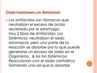 COMO FUNCIONAN LOS ANTIÁCIDOS
 Los antiácidos son fármacos que
 neutralizan el exceso de acido
 secretado por el estomago.
 Hay 2 tipos de Antiácidos: Los
 Sistémicos: neutralizan el asido
 estomacal, pero una parte de la
 reacción se absorbe por lo que puede
 generarse un exceso de asido en el
 Organismo. & los No Sistémicos:
 Reaccionan con el asido clorhídrico
 formando una sal que lo absorbe.
 