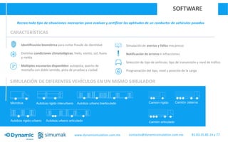 SOFTWARE
info@simumak.comwww.simumak.com
SIMULACIÓN DE DIFERENTES VEHÍCULOS EN UN MISMO SIMULADOR
Camión rígido Camión cisterna
Camión articulado
Microbús Autobús rígido interurbano Autobús urbano biarticulado
Autobús rígido urbano Autobús urbano articulado
CARACTERÍSTICAS
Identificación biométrica para evitar fraude de identidad
Distintas condiciones climatológicas: hielo, viento, sol, lluvia
y niebla
Múltiples escenarios disponibles: autopista, puerto de
montaña con doble sentido, pista de pruebas y ciudad
Simulación de averías y fallos mecánicos
Notificación de errores e infracciones
Selección de tipo de vehículo, tipo de transmisión y nivel de tráfico
Programación del tipo, nivel y posición de la carga
Recrea todo tipo de situaciones necesarias para evaluar y certificar las aptitudes de un conductor de vehículos pesados
www.dynamisimulation.com.mx 81.83.35.85.14 y 77contacto@dynamicsimulation.com.mx
 