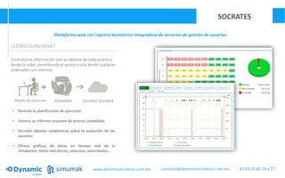 SOCRATES
Plataforma web con registro biométrico integradora de servicios de gestión de usuarios
¿CÓMO FUNCIONA?
?
Centraliza la información que se obtiene de cada práctica
desde la nube, permitiendo el acceso a ella desde cualquier
ordenador con Internet.
• Permite la planificación de ejercicios
• Genera un informe resumen de errores cometidos
• Permite obtener estadísticas sobre la evolución de los
usuarios
• Ofrece gráficas de datos en tiempo real de la
simulación: datos mecánicos, consumo, velocidades…
Puesto de instructor Simulador Servidor Sócrates
www.dynamisimulation.com.mx 81.83.35.85.14 y 77contacto@dynamicsimulation.com.mx
 