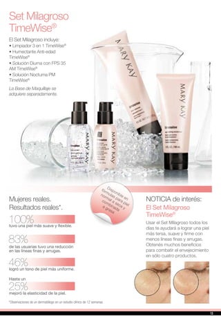 El Set Milagroso incluye:
• Limpiador 3 en 1 TimeWise®
• Humectante Anti-edad
TimeWise®
• Solución Diurna con FPS 35
AM TimeWise®
• Solución Nocturna PM
TimeWise®
La Base de Maquillaje se
adquiere separadamente.
NOTICIA de interés:
El Set Milagroso
TimeWise®
Usar el Set Milagroso todos los
días te ayudará a lograr una piel
más tersa, suave y firme con
menos líneas finas y arrugas.
Obtenés muchos beneficios
para combatir el envejecimiento
en sólo cuatro productos.
Set Milagroso
TimeWise®
Mujeres reales.
Resultados reales*.
de las usuarias tuvo una reducción
en las líneas finas y arrugas.
logró un tono de piel más uniforme.
tuvo una piel más suave y flexible.
mejoró la elasticidad de la piel.
Hasta un
*Observaciones de un dermatólogo en un estudio clínico de 12 semanas
100%
83%
46%
25%
Disponible en
fórmulas para piel
normal a seca y
combinada
a grasa
13
 