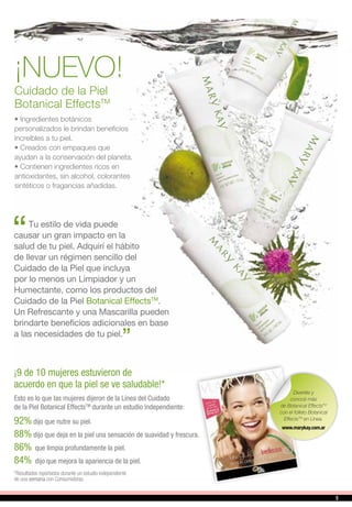 .
¡NUEVO!
Cuidado de la Piel
Botanical EffectsTM
• Ingredientes botánicos
personalizados le brindan beneficios
increíbles a tu piel.
• Creados con empaques que
ayudan a la conservación del planeta.
• Contienen ingredientes ricos en
antioxidantes, sin alcohol, colorantes
sintéticos o fragancias añadidas.
Tu estilo de vida puede
causar un gran impacto en la
salud de tu piel. Adquirí el hábito
de llevar un régimen sencillo del
Cuidado de la Piel que incluya
por lo menos un Limpiador y un
Humectante, como los productos del
Cuidado de la Piel Botanical EffectsTM
.
Un Refrescante y una Mascarilla pueden
brindarte beneficios adicionales en base
a las necesidades de tu piel.
¡9 de 10 mujeres estuvieron de
acuerdo en que la piel se ve saludable!*
Esto es lo que las mujeres dijeron de la Línea del Cuidado
de la Piel Botanical EffectsTM
durante un estudio independiente:
92% dijo que nutre su piel.
88% dijo que deja en la piel una sensación de suavidad y frescura.
86% que limpia profundamente la piel.
84% dijo que mejora la apariencia de la piel.
*Resultados reportados durante un estudio independiente
de una semana con Consumidoras.
Divertite y
conocé más
de Botanical EffectsTM
con el folleto Botanical
EffectsTM
en Línea.
www.marykay.com.ar
55
 