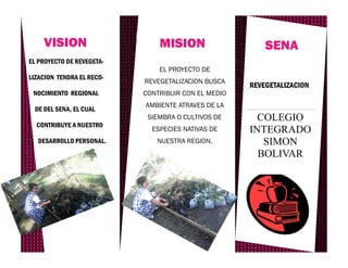 VISION                     MISION                    SENA
EL PROYECTO DE REVEGETA-
                               EL PROYECTO DE
LIZACION TENDRA EL RECO-
                           REVEGETALIZACION BUSCA
                                                     REVEGETALIZACION
 NOCIMIENTO REGIONAL       CONTRIBUIR CON EL MEDIO
                           AMBIENTE ATRAVES DE LA
 DE DEL SENA, EL CUAL
                            SIEMBRA O CULTIVOS DE      COLEGIO
  CONTRIBUYE A NUESTRO
                             ESPECIES NATIVAS DE     INTEGRADO
  DESARROLLO PERSONAL.        NUESTRA REGION.           SIMON
                                                       BOLIVAR
 