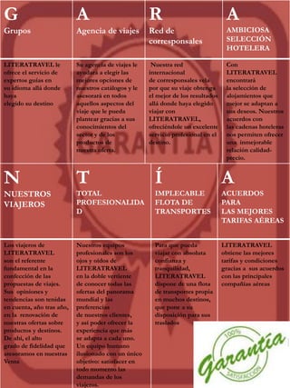 G
Grupos
A
Agencia de viajes
R
Red de
corresponsales
A
AMBICIOSA
SELECCIÓN
HOTELERA
LITERATRAVEL le
ofrece el servicio de
expertos guías en
su idioma allá donde
haya
elegido su destino
Su agencia de viajes le
ayudará a elegir las
mejores opciones de
nuestros catálogos y le
asesorará en todos
aquellos aspectos del
viaje que le pueda
plantear gracias a sus
conocimientos del
sector y de los
productos de
nuestra oferta.
Nuestra red
internacional
de corresponsales vela
por que su viaje obtenga
el mejor de los resultados
allá donde haya elegido
viajar con
LITERATRAVEL,
ofreciéndole un excelente
servicio profesional en el
destino.
Con
LITERATRAVEL
encontrará
la selección de
alojamientos que
mejor se adaptan a
sus deseos. Nuestros
acuerdos con
las cadenas hoteleras
nos permiten ofrecer
una inmejorable
relación calidad-
precio.
N
NUESTROS
VIAJEROS
T
TOTAL
PROFESIONALIDA
D
Í
IMPLECABLE
FLOTA DE
TRANSPORTES
A
ACUERDOS
PARA
LAS MEJORES
TARIFAS AÉREAS
Los viajeros de
LITERATRAVEL
son el referente
fundamental en la
confección de las
propuestas de viajes.
Sus opiniones y
tendencias son tenidas
en cuenta, año tras año,
en la renovación de
nuestras ofertas sobre
productos y destinos.
De ahí, el alto
grado de fidelidad que
atesoramos en nuestras
Venta
Nuestros equipos
profesionales son los
ojos y oídos de
LITERATRAVEL
en la doble vertiente
de conocer todas las
ofertas del panorama
mundial y las
preferencias
de nuestros clientes,
y así poder ofrecer la
experiencia que más
se adapta a cada uno.
Un equipo humano
ilusionado con un único
objetivo: satisfacer en
todo momento las
demandas de los
viajeros.
Para que pueda
viajar con absoluta
confianza y
tranquilidad,
LITERATRAVEL
dispone de una flota
de transportes propia
en muchos destinos,
que pone a su
disposición para sus
traslados
LITERATRAVEL
obtiene las mejores
tarifas y condiciones
gracias a sus acuerdos
con las principales
compañías aéreas
 