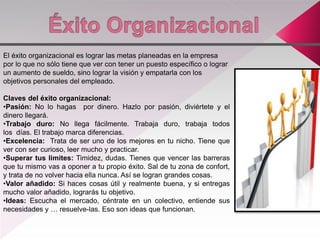 El éxito organizacional es lograr las metas planeadas en la empresa
por lo que no sólo tiene que ver con tener un puesto específico o lograr
un aumento de sueldo, sino lograr la visión y empatarla con los
objetivos personales del empleado.
Claves del éxito organizacional:
•Pasión: No lo hagas por dinero. Hazlo por pasión, diviértete y el
dinero llegará.
•Trabajo duro: No llega fácilmente. Trabaja duro, trabaja todos
los días. El trabajo marca diferencias.
•Excelencia: Trata de ser uno de los mejores en tu nicho. Tiene que
ver con ser curioso, leer mucho y practicar.
•Superar tus limites: Timidez, dudas. Tienes que vencer las barreras
que tu mismo vas a oponer a tu propio éxito. Sal de tu zona de confort,
y trata de no volver hacia ella nunca. Así se logran grandes cosas.
•Valor añadido: Si haces cosas útil y realmente buena, y si entregas
mucho valor añadido, lograrás tu objetivo.
•Ideas: Escucha el mercado, céntrate en un colectivo, entiende sus
necesidades y … resuelve-las. Eso son ideas que funcionan.
 