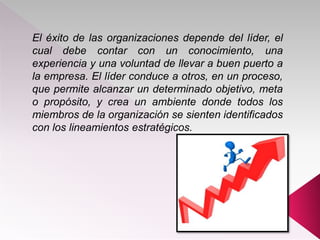 El éxito de las organizaciones depende del líder, el
cual debe contar con un conocimiento, una
experiencia y una voluntad de llevar a buen puerto a
la empresa. El líder conduce a otros, en un proceso,
que permite alcanzar un determinado objetivo, meta
o propósito, y crea un ambiente donde todos los
miembros de la organización se sienten identificados
con los lineamientos estratégicos.
 