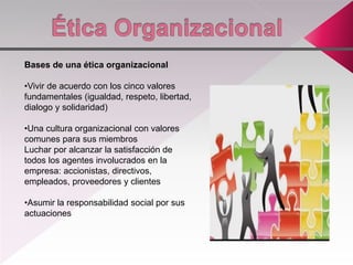 Bases de una ética organizacional
•Vivir de acuerdo con los cinco valores
fundamentales (igualdad, respeto, libertad,
dialogo y solidaridad)
•Una cultura organizacional con valores
comunes para sus miembros
Luchar por alcanzar la satisfacción de
todos los agentes involucrados en la
empresa: accionistas, directivos,
empleados, proveedores y clientes
•Asumir la responsabilidad social por sus
actuaciones
 