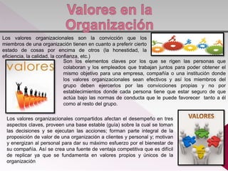 Los valores organizacionales son la convicción que los
miembros de una organización tienen en cuanto a preferir cierto
estado de cosas por encima de otros (la honestidad, la
eficiencia, la calidad, la confianza, etc.)
Son los elementos claves por los que se rigen las personas que
colaboran y los empleados que trabajan juntos para poder obtener el
mismo objetivo para una empresa, compañía o una institución donde
los valores organizacionales sean efectivos y así los miembros del
grupo deben ejercerlos por las convicciones propias y no por
establecimientos donde cada persona tiene que estar seguro de que
actúa bajo las normas de conducta que le puede favorecer tanto a él
como al resto del grupo.
Los valores organizacionales compartidos afectan el desempeño en tres
aspectos claves, proveen una base estable (guía) sobre la cual se toman
las decisiones y se ejecutan las acciones; forman parte integral de la
proposición de valor de una organización a clientes y personal y; motivan
y energizan al personal para dar su máximo esfuerzo por el bienestar de
su compañía. Así se crea una fuente de ventaja competitiva que es difícil
de replicar ya que se fundamenta en valores propios y únicos de la
organización
 