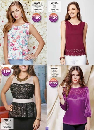 22
A00795
Blusa Flores Lila
con Rosa
CH
Antes a: $229
PC8214639
$189
A02188
Blusa
Tinto
CH
Antes a: $229
PC2709967
$129
AI4510
Blusa
Negro
CH
Antes a: $249
PC5315354
$199
A00555
Blusa
Morado
CH
Antes a: $269
PC7015331
$199
 