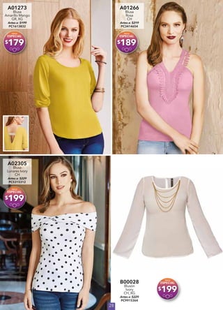 28
A01273
Blusa
Amarillo Mango
GR, XG
Antes a: $199
PC1613832
$179
A01266
Blusa
Rosa
CH
Antes a: $219
PC3414654
$189
A02305
Blusa
Lunares Ivory
CH
Antes a: $229
PC5315312
$199
B00028
Blusón
Ivory
CH, XG
Antes a: $229
PC9915364
$199
 