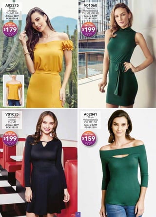 3
A02275
Blusa
Mostaza
CH, ME, GR
Antes a: $249
PC9813818
$179
V01060
Vestido
Verde Botella
CH, ME, GR, XG
Antes a: $329
PC1415339
$199
V01025
Vestido
Negro
CH, ME
Antes a: $279
PC6215321
$199
A02041
Blusa
Verde Botella
CH, ME, GR
Antes a: $229
PC4212219
$159
 