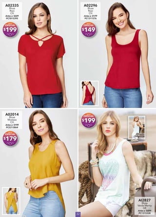 32
A02335
Blusa
Rojo
CH
Antes a: $229
PC7815395
$199
A02296
Blusa
Rojo
CH
Antes a: $179
PC1311576
$149
A02014
Blusa
Mostaza
CH
Antes a: $199
PC5213864
$179
AI2827
Blusa
Verde Menta
GR
Antes a: $229
PC1315328
$199
 