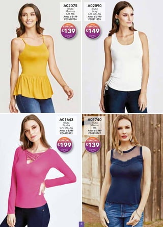 6
A02075
Blusa
Mostaza
CH, ME
Antes a: $179
PC7610754
$139
A02090
Blusa
Ivory
CH, GR, XG
Antes a: $179
PC8311555
$149
A01643
Blusa
Fiusha
CH, ME, XG
Antes a: $249
PC4415313
$199
A01740
Blusa
Marino
ME
Antes a: $249
PC4210747
$139
 