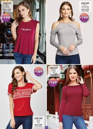 7
A02278
Blusa
Tinto
CH, ME
Antes a: $229
PC6315357
$199
A02189
Blusa
Plata Jaspe
CH, ME, GR
Antes a: $249
PC3215325
$199
A02160
Blusa
Rojo
XG
Antes a: $279
PC6314643
$189
A01727
Blusa
Tinto
ME
Antes a: $299
PC0513076
$169
 