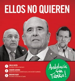 Con el apoyo del movimiento por la vivienda
digna, hemos logrado que el Parlamento de
Andalucía apruebe una ley que:
Paraliza por tres años los desahucios de:
– No pueden pagar la hipoteca por su
mala situación económica, por no poder
hacer frente a préstamos pedidos para
sacar adelente su pequeña empresa o su
negocio de autónomo.
– Avalaron a un familiar o un amigo
o amiga que no puede pagar la
hipoteca o se han visto atrapados en
una “hipotecas puente”.
Pone en marcha medidas para que se
habiten las casi 1 millón de viviendas
que están vacías:
Multa a los bancos e inmobiliarias
que tengan viviendas vacías sin ponerlas
en alquiler.
Te contamos la
historia de una
lucha… QUE NO
ACABA.
Garantizar el derecho a la vivienda
digna y paralizar los desahucios son
objetivos prioritarios de IU Andalucía
en el gobierno de la Junta. Con la Ley
de Vivienda volvemos a conseguir que
vayan haciéndose realidad.
Pero la Troika y el PP, al servicio de los
bancos y las inmobiliarias, volverán a
intentar impedirlo.
¡ESTA LUCHA NO ACABA!
DIFUNDE, MOVILIZATE
Andalucía sin desahucios,
www.iuandalucia.org/viviendaporderecho
 