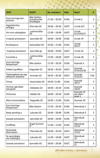 Zer?                     Non?            Zer ordutan?    Hizk.   Noiz?          €

Zure txirringa kon-      Bike Station
pontzen                  (Landazuriko    17:30 – 20:30   Eusk.   Urriak 6       3
                         kiroldegia)
Argazkilaritza           Pilarreko ge    18:00 – 20:30   Gazt.   Urriak 6/7     5
lantegia

Hiri ortu ekologikoa     Judimendiko     17:00 – 18:00   Gazt.   Urriak         5
                         ge                                      6/13/20/27

Crepeak prestatzen       Iparralde ge    18:00 – 20:00   Eusk.   Urriak 19      3

Birziklapena             Ibaiondoko ge   19:00 – 21:00   Eusk.   Urriak         5
                                                                 20/27

Crepeak prestatzen       Iparralde ge    18:00 – 20:00   Gazt.   Urriak 26      3

Furoshiki-a              Judimendiko     17:00 – 20:00   Gazt.   Urriak 28      3
                         ge
Zure txirringa           Bike Station    17:30 – 20:30   Eusk.   Azaroak 3      3
konpontzen

Eleberri grafikoa        Hegoalde ge     18:30 – 20:30   Gazt.   Azaroak       10
                                                                 9/16/23/30
Txotxongiloak eta argi   Araneko ge      18:30 – 20:30   Gazt.   Azaroak      7,50
beltzaren antzerkia                                              9/16/23

Fimoa                    Ibaiondoko ge   19:00 -21:00    Eusk.   Azaroak        5
                                                                 10/17
Hennaz egindako          Aldabeko ge     18:00 – 20:30   Eusk.   Azaroak        5
tatuajeak                                                        18/25
                                                                 Azaroak 24
Perkusioa                Aldabe ge       18:00 – 20:30   Eusk.   eta aben-      5
                                                                 duak 1
Afari erromantikoa       Hegoalde ge     19:00 – 21:00   Eusk.   Azaroak 30     3

Zure txirringa           Bike Station    17:30 – 20:30   Eusk.   Abenduak 1     3
konpontzen

Body painting-a          Lakuako ge      16:00 – 20.00   Eusk.   Abenduak 2     5

Goxoak prestatzen        Iparralde ge    18:00 – 20:00   Eusk.   Abenduak       3
                                                                 14

Graffitiak               Ángel Ganivet   11:00 – 13:00   Eusk.   Abenduak       5
                         IP                                      15/22
Kamisetak                Pilarreko ge    18:00 – 20:30   Gazt.   Abenduak       5
diseinatzen                                                      15/22
Ile apaindegia           Lakuako ge      11:00 – 18:00   Gazt.   Abenduak       5
eta makillajea                                                   16

Goxoak prestatzen        Iparralde ge    18:00 – 20:00   Gazt.   Abenduak       3
                                                                 21

                                                2012ko iraila / abendua       5
 