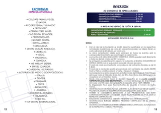 12 13
EXPODENTAL
EMPRESAS INVITADAS
• COLGATE PALMOLIVE DEL
   ECUADOR.
• RECORD DENTAL Y QUIMEDIC.
• PRODENTEC.
• DENTAL PEREZ AVILES.
• TAG DENTAL ECUADOR.
• PRODONTOMED.
• QUALIDY DENTAL.
• DENTALMARKET.
• DENTALECSA.
• DENTAL VARGAS ARBOLEDA.
• KROBALTO.
• VOCO.
• VIALDENTAL.
• EDIMEDSA.
• MIS IMPLANT SYSTEM.
• 3M DEL ECUADOR.
• CARDENTAL - ULTRADENT.
• ACTUALIDADES MEDICO ODONTOLÓGICAS.
• ORAL B.
• DENTEQ.
• DENTAMER.
• PFIZER.
• BLENASTOR.
• LAMOSAN.
• JOHNSON & JOHNSON.
• HOLANDINA.
• NEO TEC.
• TOP DENTAL INTERNACIONAL.
ODONTÓLOGO FEDERADO, ESTUDIANTE................................................$ 150,00
ODONTÓLOGO NO FEDERADO,
RURAL Y ESTUDIANTES..............................................................................$ 180,00
III MEGA ENCUENTRO DE ESTÉTICA DENTAL
XV CONGRESO DE ESPECIALIDADES:
INVERSIÓN
ODONTÓLOGO NO FEDERADO.............................$ 120,00
ODONTÓLOGOS FEDERADO..................................$ 100,00
ODONTÓLOGO RURAL...........................................$ 90,00
ESTUDIANTES...........................................................$ 80,00
(LOS VALORES INCLUYEN EL IVA)
NOTAS:
•	 Con el valor de la inscripción se tendrá derecho a participar en las respectivas
Actividades Académicas, así como en los eventos sociales. Los talleres tienen un
costo adicional de 20 dólares por cada uno.
•	 La única acreditación válida para participar en todos los eventos será la
correspondiente estafeta que se entregará a cada inscrito.
•	 Los inscritos al III MEGA ENCUENTRO DE ESTÉTICA DENTAL pueden asistir libremente
a todas las demás charlas del XV Congreso.
•	 Se entregará una identificación especial a los inscritos al III MEGA ENCUENTRO DE
ESTÉTICA DENTAL con la que podrán acceder a la sala exclusiva.
•	 El costo de cada acompañante, por cada uno de los Eventos Sociales, es de US
$ 30,00.
•	 El costo de la inscripción podrá ser cancelado con las tarjetas de crédito DINERS
CLUB y VISA en crédito corriente o hasta 3 meses sin intereses.
•	 Las inscripciones se están receptando en la Secretaría del Colegio de Odontólogos
del Azuay hasta el Miércoles 06 de Abril del 2016. Durante los días del Congreso se
receptarán en el Hotel Oro Verde.
•	 Desde otras provincias, hacer el depósito respectivo en la cuenta corriente
#3090496104 del BANCO DEL PICHINCHA, a nombre del Colegio De Odontólogos
del Azuay y remitir copia de la papeleta de depósito al fax # (07) 2 882428.
•	 Se Organizarán Tours para Acompañantes de acuerdo al número de las/los
mismos.
•	 ODONTÓLOGOS AFILIADOS AL COA QUE ESTEN AL DÍA EN EL PAGO DE SUS CUOTAS,
PAGARÁN EL COSTO DE INSCRIPCION COMO ESTUDIANTES (USD. 80,00)
•	 TAMBIÉN SE CONSIDERAN ESTUDIANTES A LOS PROFESIONALES QUE ESTEN
CURSANDO ESTUDIOS EN CUALQUIERA DE LAS REGIONALES DEL INCAFOE, CON LA
RESPECTIVA CERTIFICACIÓN.
•	 ESTUDIANTES UNIVERSITARIOS DEBERÁN PRESENTAR SU CARNÉ ESTUDIANTIL.
•	 ODONTÓLOGOS RURALES DEBERÁN PRESENTAR CERTIFICADO DE SU UNIDAD
OPERATIVA.
•	 ODONTÓLOGOS FEDERADOS DEBERÁN PRESENTAR EL CERTIFICADO ACTUALIIZADO
DE SU RESPECTIVO COLEGIO PROVINCIAL.
 