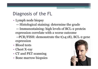 Diagnosis of the FL
• Lymph node biopsy
-- Histological staining: determine the grade
-- Immunostaining: high levels of BCL-2 protein
expression correlate with a worse outcome
--PCR/FISH: demonstrate the t(14;18), BCL-2 gene
expression
• Blood tests
• Chest X-ray
• CT and PET scanning
• Bone marrow biopsies
 