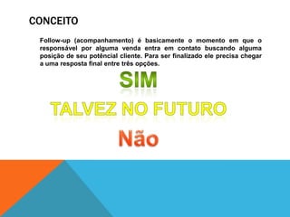 Conceito	Follow-up (acompanhamento) é basicamente o momento em que o responsável por alguma venda entra em contato buscando alguma posição de seu potêncial cliente. Para ser finalizado ele precisa chegar a uma resposta final entre três opções.SIMTalvez no futuroNão