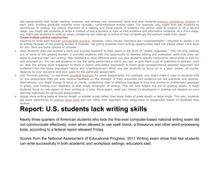 Use assignments that break reading, analysis, and writing into component parts and give students practice developing mastery in
each area, building gradually towards more complex, comprehensive writing tasks. For example, you might first ask students to
summarize, in writing, the central argument of a reading and three pieces of evidence the author used to support it. At a second
stage, you might ask students to write a critique of the argument in light of that evidence and alternative evidence. At a third stage,
you might ask students to write an essay comparing two readings in terms of how compellingly the authors made their cases.
Create multiple practice opportunities.
Learning to write well requires considerable practice. However, many faculty members are—understandably—reluctant to assign a lot
of writing because of the grading burden it imposes. Yet giving students more writing opportunities need not always entail more work
for you. Here are some options to consider:
 Have students read one another’s work and provide feedback to their peers in the form of “reader responses.” This not only relieves
you of some of the grading burden, it provides students with the opportunity to develop editing and evaluation skills that they can
apply to improve their own writing. Peer feedback is most effective when you give students specific instructions about what to look for
and comment on. You can ask students to use the same performance rubric you use, or give them a set of questions to address, such
as: Was the writing style engaging? Is there a clearly articulated argument? Is there good correspondence between argument and
evidence? Are the ideas expressed clearly and unambiguously? What you ask students to focus on in a peer review, of course,
depends on your discipline and your goals for the particular assignment.
 Use “minimal grading,” or extremely targeted feedback for some assignments. For example, you might make it clear to students that
on one assignment they will only receive feedback on the strength of their argument and evidence but not grammar and spelling.
Alternatively, you might choose to focus on clarity, underlining clear or effective passages in blue and unclear or problematic passages
in green, and limiting your feedback to that single dimension of writing. This not only makes the job of grading easier, it helps
students focus on one aspect of their writing at a time. Once again, what you choose to emphasize in grading will depend on your
learning objectives for particular assignments.
 Assign more writing tasks of shorter length or smaller scope rather than fewer tasks of great length or large scope. This way, students
get more opportunity to practice basic skills and can refine their approach from assignment to assignment based on feedback they
receive.
Report: U.S. students lack writing skills
Nearly three quarters of American students who took the first-ever computer-based national writing exam did
not communicate effectively, even when allowed to use spell check, a thesaurus and other word-processing
tools, according to a federal report released Friday.
Scores from the National Assessment of Educational Progress: 2011 Writing exam show that few students
can write successfully in both academic and workplace settings, educators said.
 