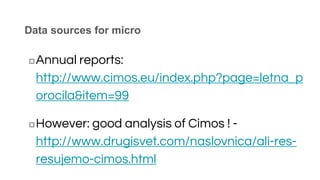 Data sources for micro
◻Annual reports:
http://www.cimos.eu/index.php?page=letna_ p
orocila&item=99
◻However: good analysis of Cimos ! -
http://www.drugisvet.com/naslovnica/ali-res-
resujemo-cimos.html
 