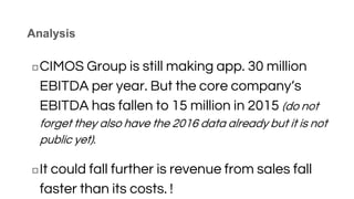 Analysis
◻CIMOS Group is still making app. 30 million
EBITDA per year. But the core company‘s
EBITDA has fallen to 15 million in 2015 (do not
forget they also have the 2016 data already but it is not
public yet).
◻It could fall further is revenue from sales fall
faster than its costs. !
 