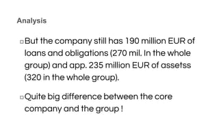 Analysis
◻But the company still has 190 million EUR of
loans and obligations (270 mil. In the whole
group) and app. 235 million EUR of assetss
(320 in the whole group).
◻Quite big difference between the core
company and the group !
 